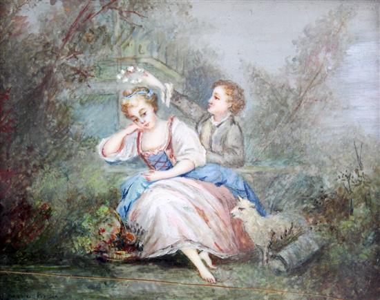 French School c.1900 Lovers beside a stream, 3 x 4in.